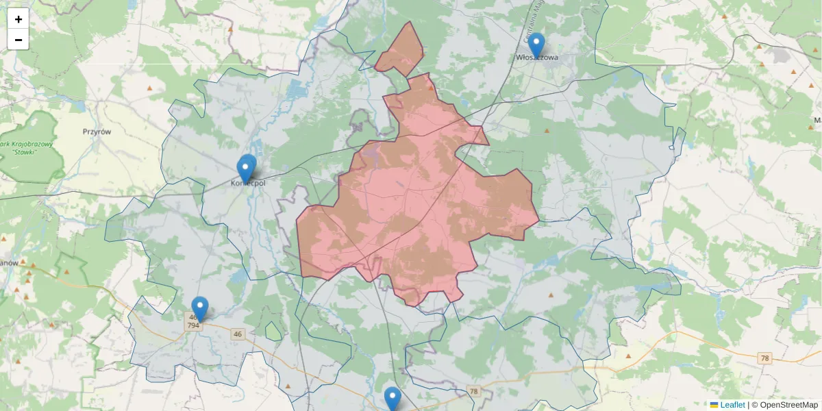 Szczegółowa mapa kodu pocztowego 29-145 z granicami, sąsiednimi kodami pocztowymi i urzędami pocztowymi