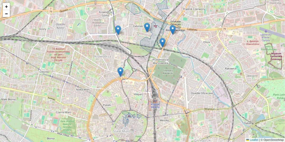 Szczegółowa mapa kodu pocztowego 30-016 z granicami, sąsiednimi kodami pocztowymi i urzędami pocztowymi