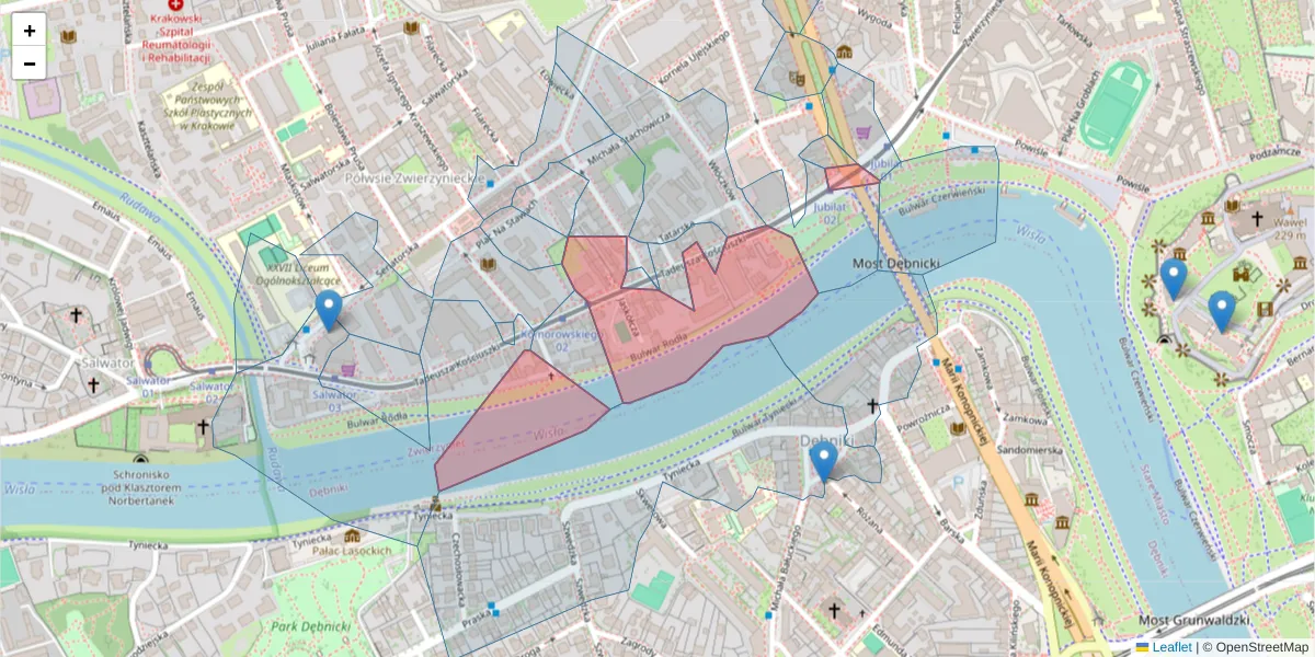 Szczegółowa mapa kodu pocztowego 30-105 z granicami, sąsiednimi kodami pocztowymi i urzędami pocztowymi