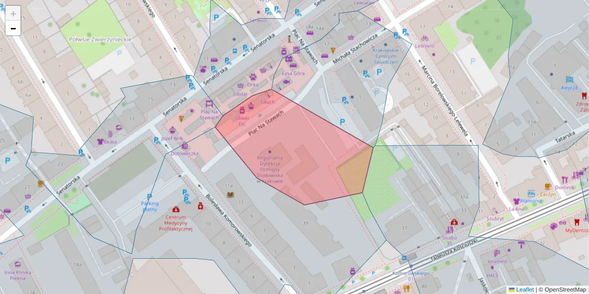 Szczegółowa mapa kodu pocztowego 30-107 z granicami, sąsiednimi kodami pocztowymi i urzędami pocztowymi