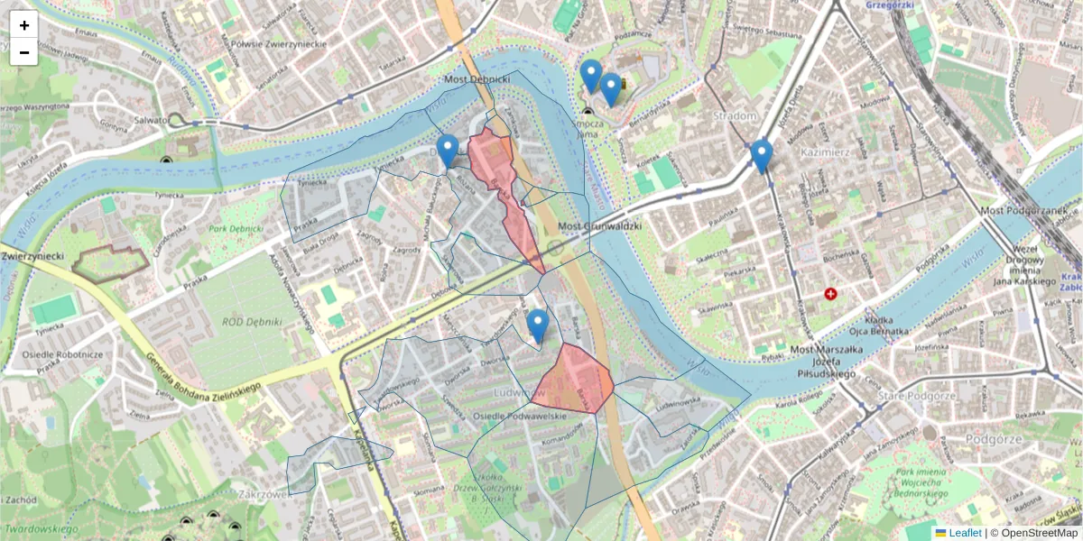 Szczegółowa mapa kodu pocztowego 30-307 z granicami, sąsiednimi kodami pocztowymi i urzędami pocztowymi