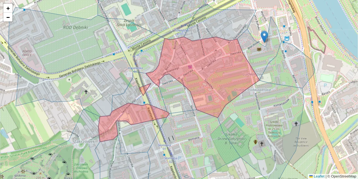 Szczegółowa mapa kodu pocztowego 30-312 z granicami, sąsiednimi kodami pocztowymi i urzędami pocztowymi