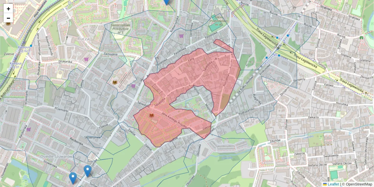 Szczegółowa mapa kodu pocztowego 30-385 z granicami, sąsiednimi kodami pocztowymi i urzędami pocztowymi