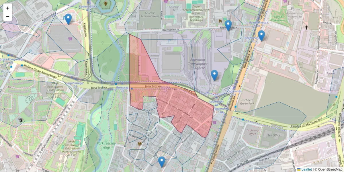 Szczegółowa mapa kodu pocztowego 30-405 z granicami, sąsiednimi kodami pocztowymi i urzędami pocztowymi