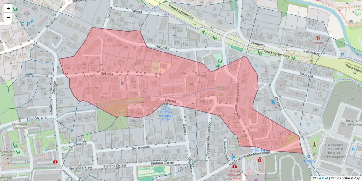 Szczegółowa mapa kodu pocztowego 30-414 z granicami, sąsiednimi kodami pocztowymi i urzędami pocztowymi