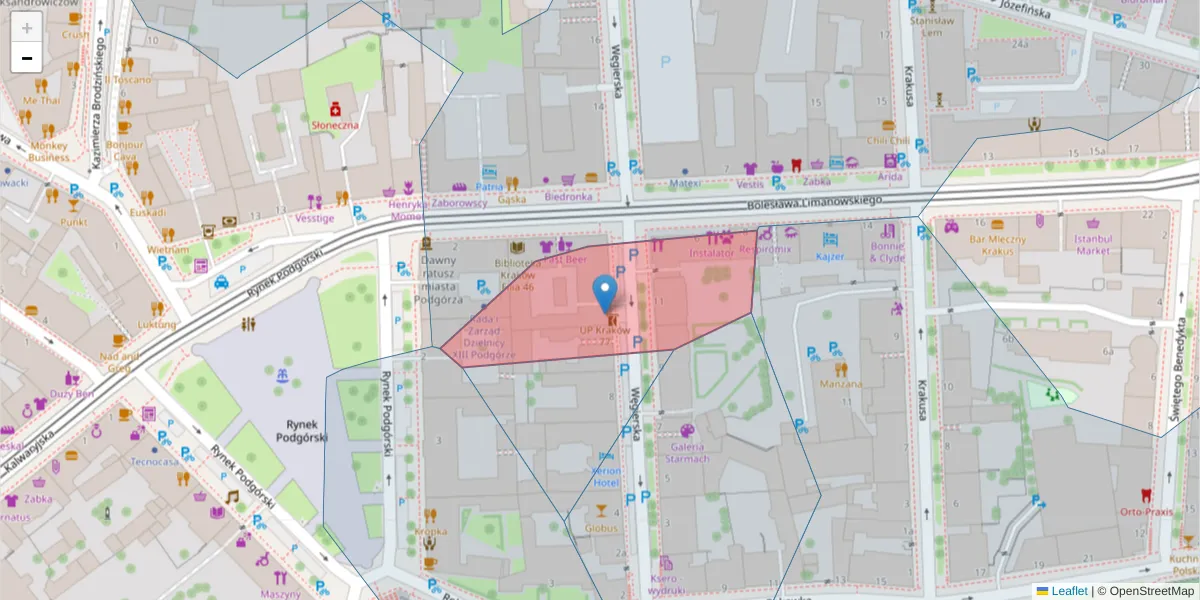 Szczegółowa mapa kodu pocztowego 30-500 z granicami, sąsiednimi kodami pocztowymi i urzędami pocztowymi