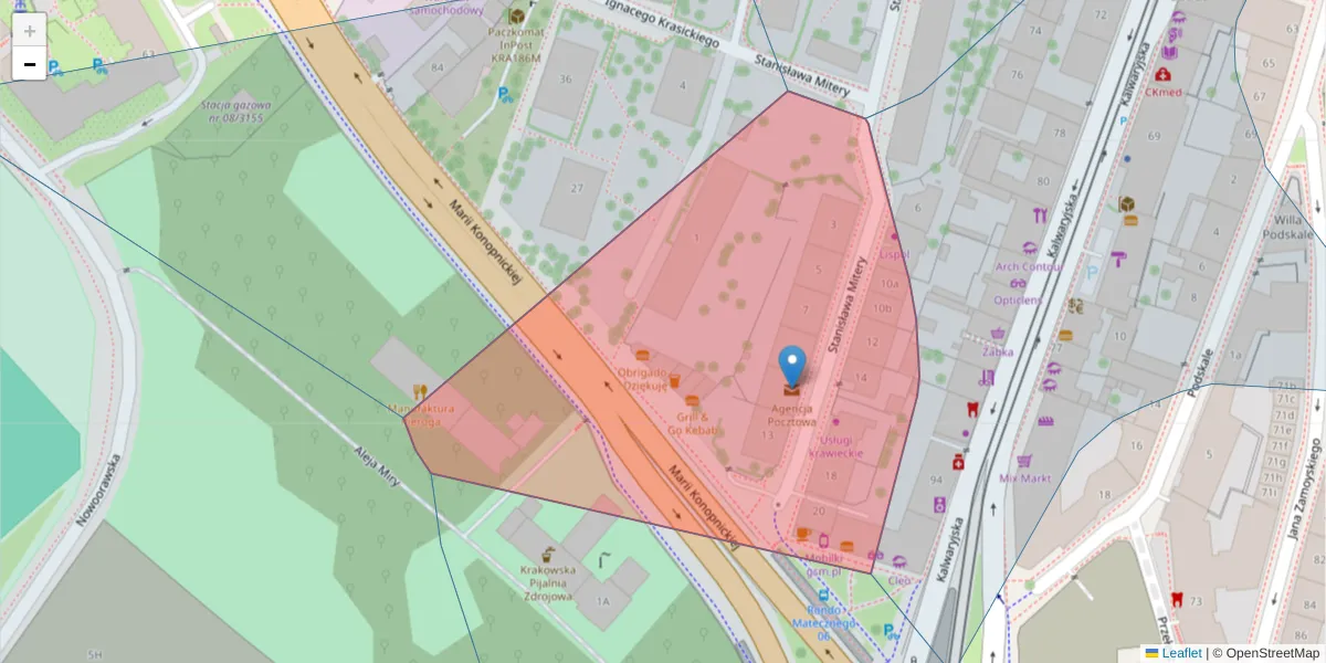 Szczegółowa mapa kodu pocztowego 30-505 z granicami, sąsiednimi kodami pocztowymi i urzędami pocztowymi
