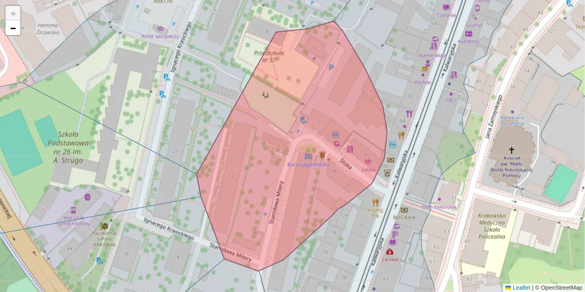 Szczegółowa mapa kodu pocztowego 30-516 z granicami, sąsiednimi kodami pocztowymi i urzędami pocztowymi