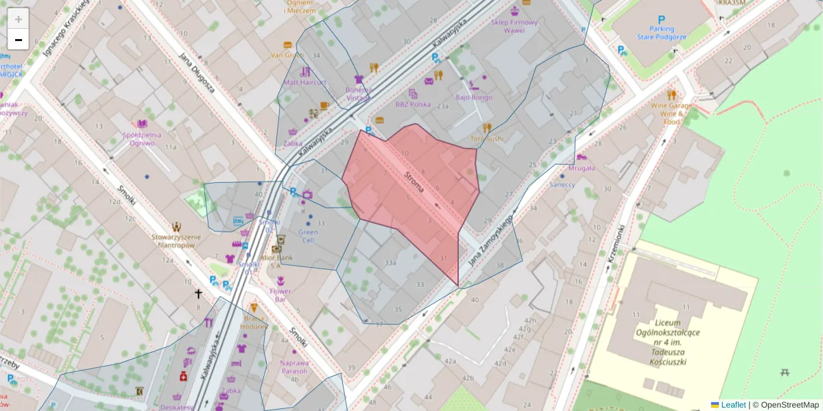 Szczegółowa mapa kodu pocztowego 30-521 z granicami, sąsiednimi kodami pocztowymi i urzędami pocztowymi