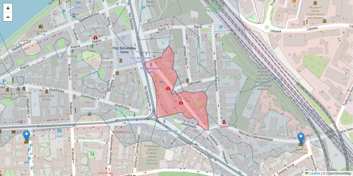 Szczegółowa mapa kodu pocztowego 30-548 z granicami, sąsiednimi kodami pocztowymi i urzędami pocztowymi