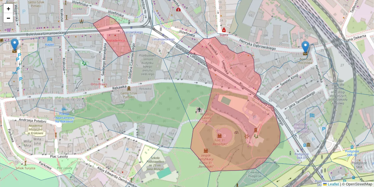 Szczegółowa mapa kodu pocztowego 30-551 z granicami, sąsiednimi kodami pocztowymi i urzędami pocztowymi