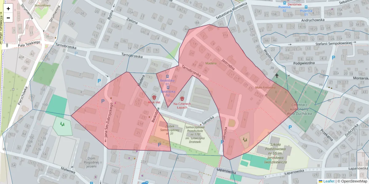 Szczegółowa mapa kodu pocztowego 30-622 z granicami, sąsiednimi kodami pocztowymi i urzędami pocztowymi