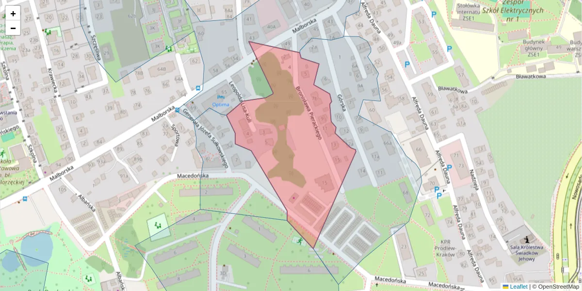 Szczegółowa mapa kodu pocztowego 30-627 z granicami, sąsiednimi kodami pocztowymi i urzędami pocztowymi