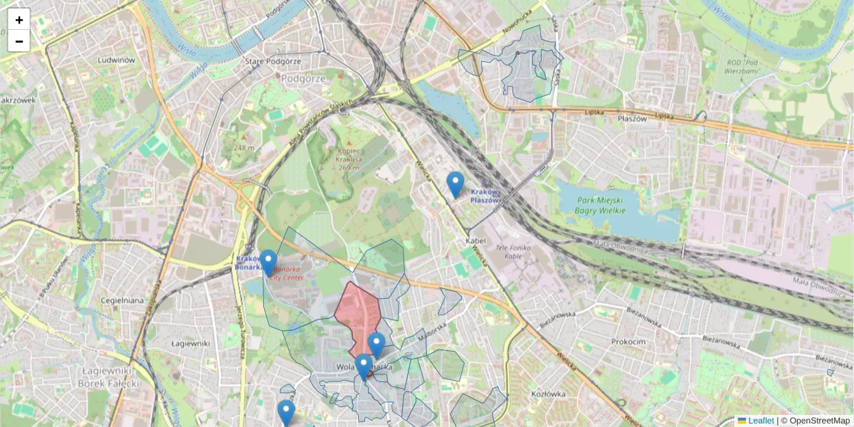 Szczegółowa mapa kodu pocztowego 30-633 z granicami, sąsiednimi kodami pocztowymi i urzędami pocztowymi