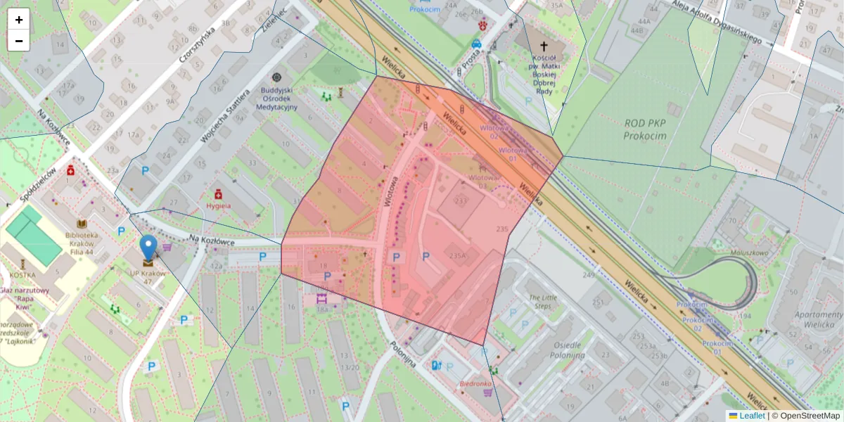 Szczegółowa mapa kodu pocztowego 30-668 z granicami, sąsiednimi kodami pocztowymi i urzędami pocztowymi