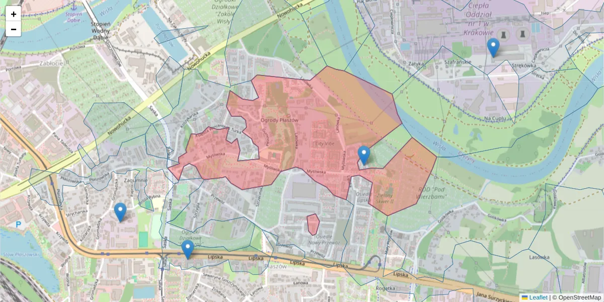 Szczegółowa mapa kodu pocztowego 30-718 z granicami, sąsiednimi kodami pocztowymi i urzędami pocztowymi