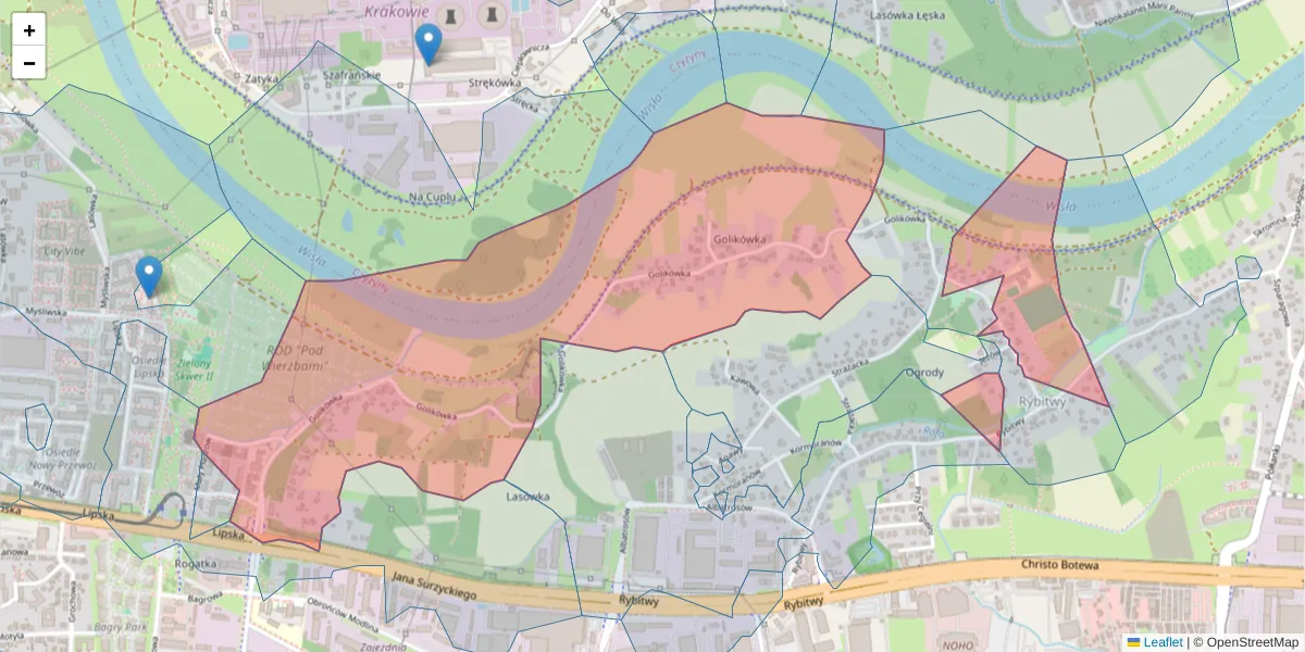 Szczegółowa mapa kodu pocztowego 30-723 z granicami, sąsiednimi kodami pocztowymi i urzędami pocztowymi