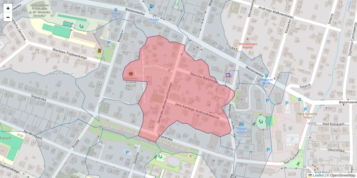 Szczegółowa mapa kodu pocztowego 30-815 z granicami, sąsiednimi kodami pocztowymi i urzędami pocztowymi
