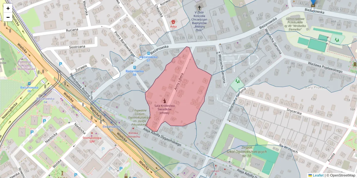 Szczegółowa mapa kodu pocztowego 30-821 z granicami, sąsiednimi kodami pocztowymi i urzędami pocztowymi