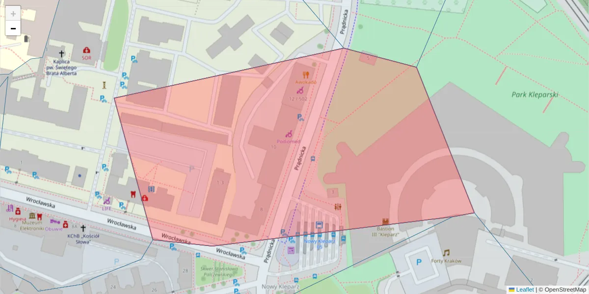 Szczegółowa mapa kodu pocztowego 30-950 z granicami, sąsiednimi kodami pocztowymi i urzędami pocztowymi