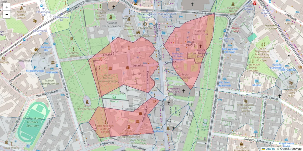 Szczegółowa mapa kodu pocztowego 31-002 z granicami, sąsiednimi kodami pocztowymi i urzędami pocztowymi
