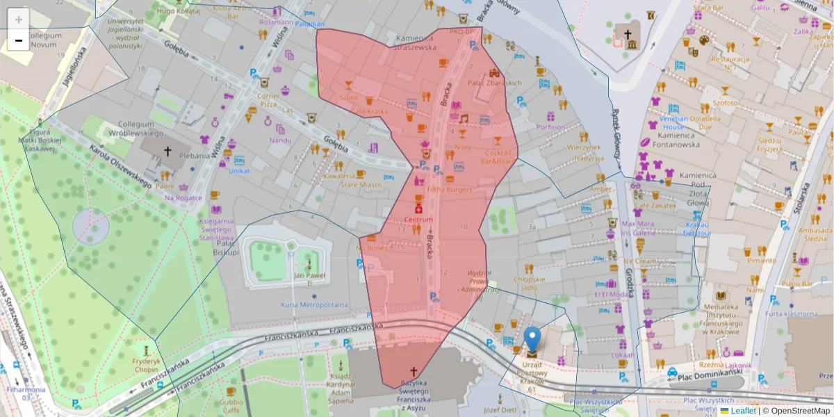 Szczegółowa mapa kodu pocztowego 31-005 z granicami, sąsiednimi kodami pocztowymi i urzędami pocztowymi