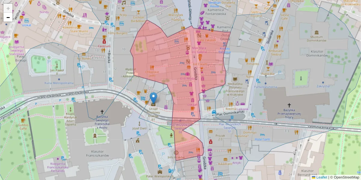 Szczegółowa mapa kodu pocztowego 31-006 z granicami, sąsiednimi kodami pocztowymi i urzędami pocztowymi