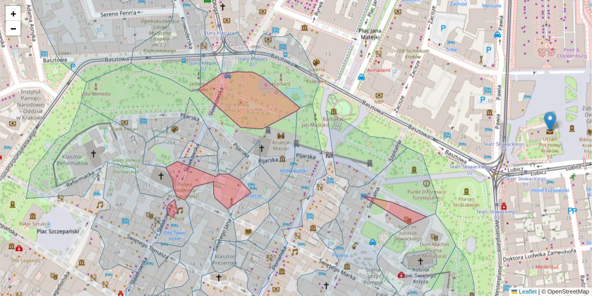 Szczegółowa mapa kodu pocztowego 31-016 z granicami, sąsiednimi kodami pocztowymi i urzędami pocztowymi