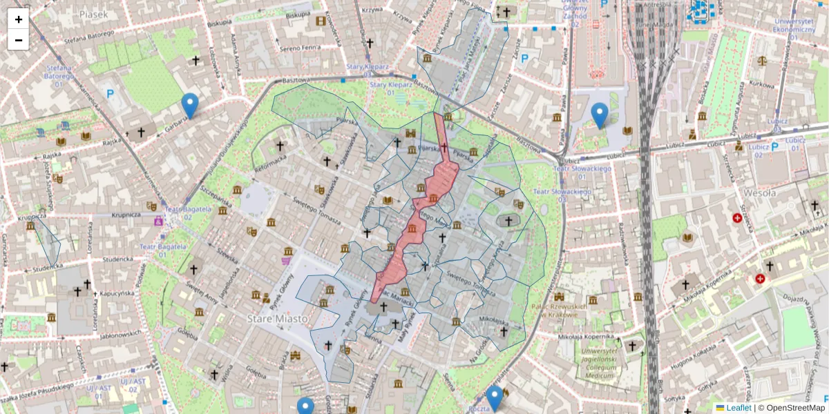 Szczegółowa mapa kodu pocztowego 31-019 z granicami, sąsiednimi kodami pocztowymi i urzędami pocztowymi