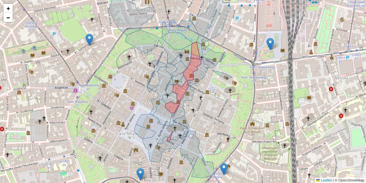 Szczegółowa mapa kodu pocztowego 31-021 z granicami, sąsiednimi kodami pocztowymi i urzędami pocztowymi