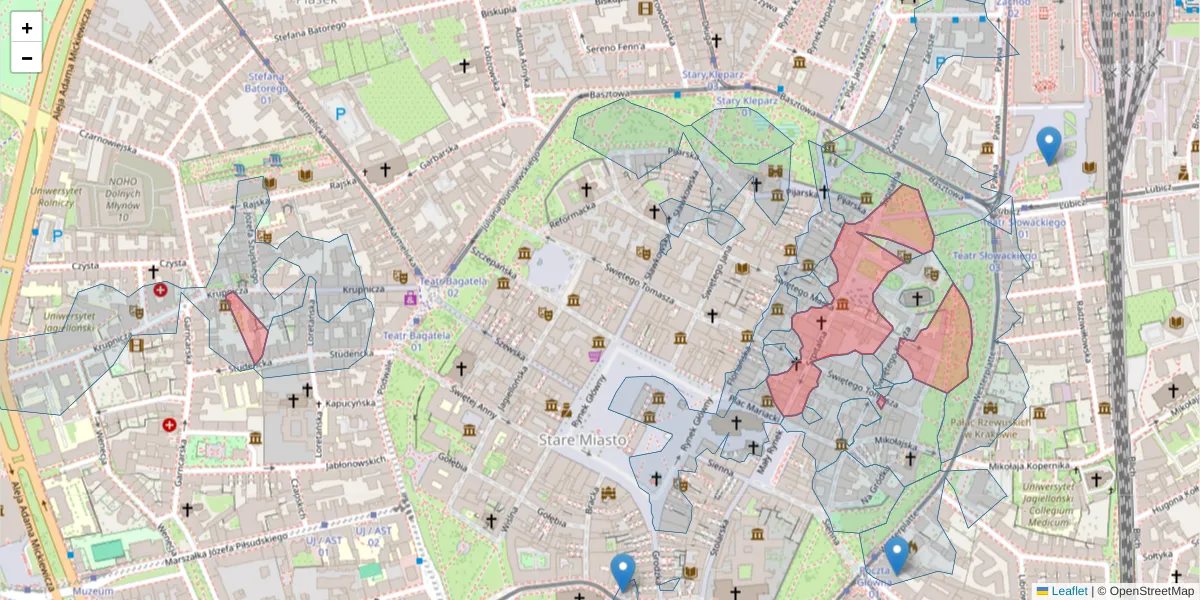 Szczegółowa mapa kodu pocztowego 31-024 z granicami, sąsiednimi kodami pocztowymi i urzędami pocztowymi