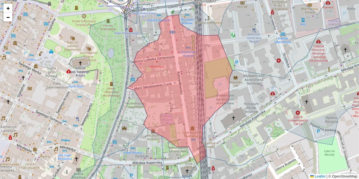 Szczegółowa mapa kodu pocztowego 31-025 z granicami, sąsiednimi kodami pocztowymi i urzędami pocztowymi