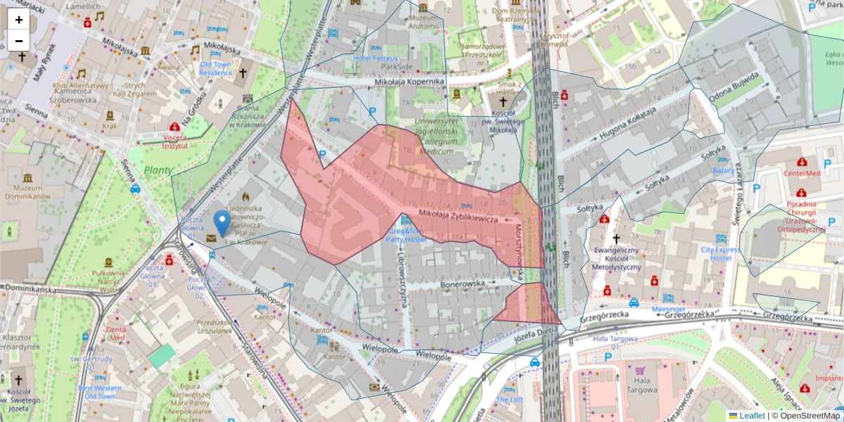 Szczegółowa mapa kodu pocztowego 31-029 z granicami, sąsiednimi kodami pocztowymi i urzędami pocztowymi