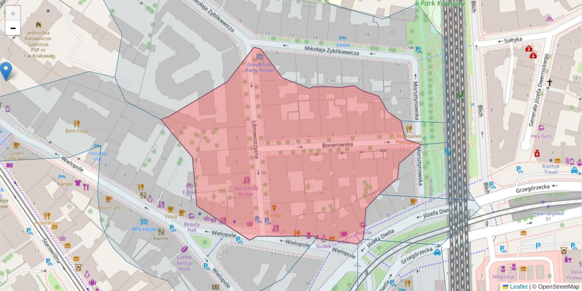 Szczegółowa mapa kodu pocztowego 31-030 z granicami, sąsiednimi kodami pocztowymi i urzędami pocztowymi