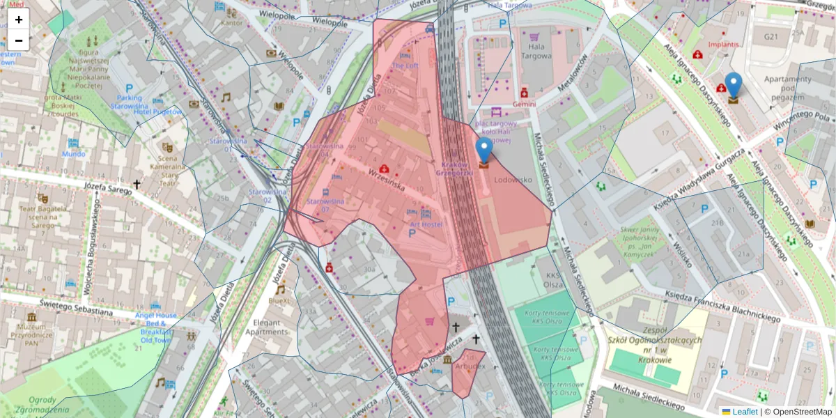 Szczegółowa mapa kodu pocztowego 31-031 z granicami, sąsiednimi kodami pocztowymi i urzędami pocztowymi