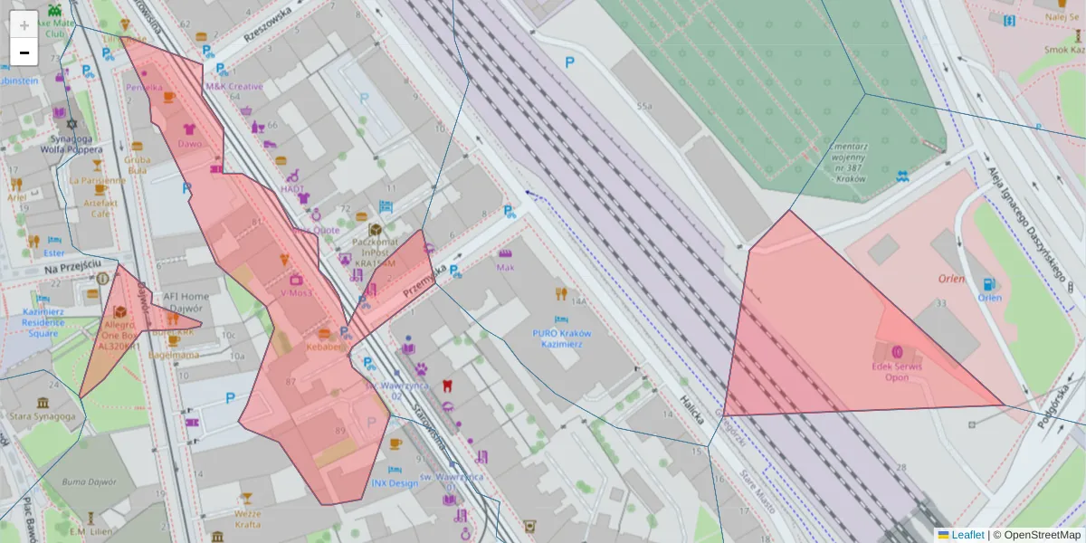 Szczegółowa mapa kodu pocztowego 31-035 z granicami, sąsiednimi kodami pocztowymi i urzędami pocztowymi