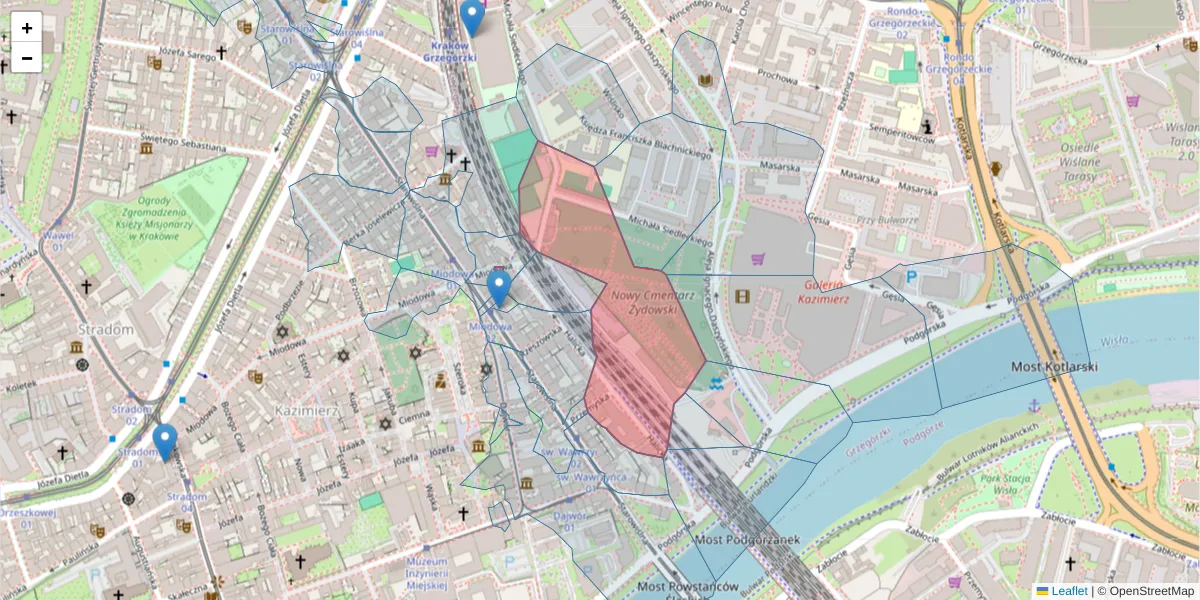 Szczegółowa mapa kodu pocztowego 31-036 z granicami, sąsiednimi kodami pocztowymi i urzędami pocztowymi