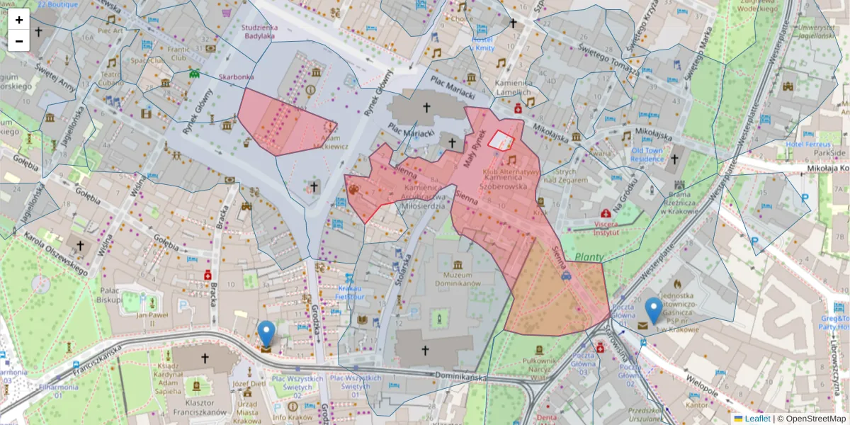 Szczegółowa mapa kodu pocztowego 31-041 z granicami, sąsiednimi kodami pocztowymi i urzędami pocztowymi