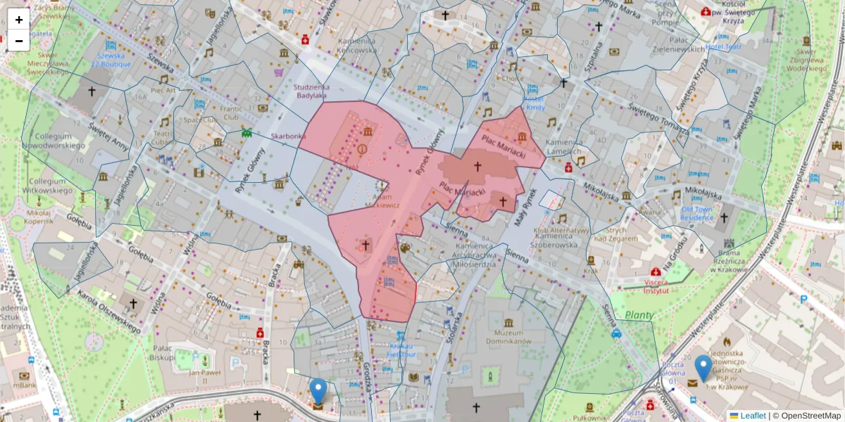 Szczegółowa mapa kodu pocztowego 31-042 z granicami, sąsiednimi kodami pocztowymi i urzędami pocztowymi