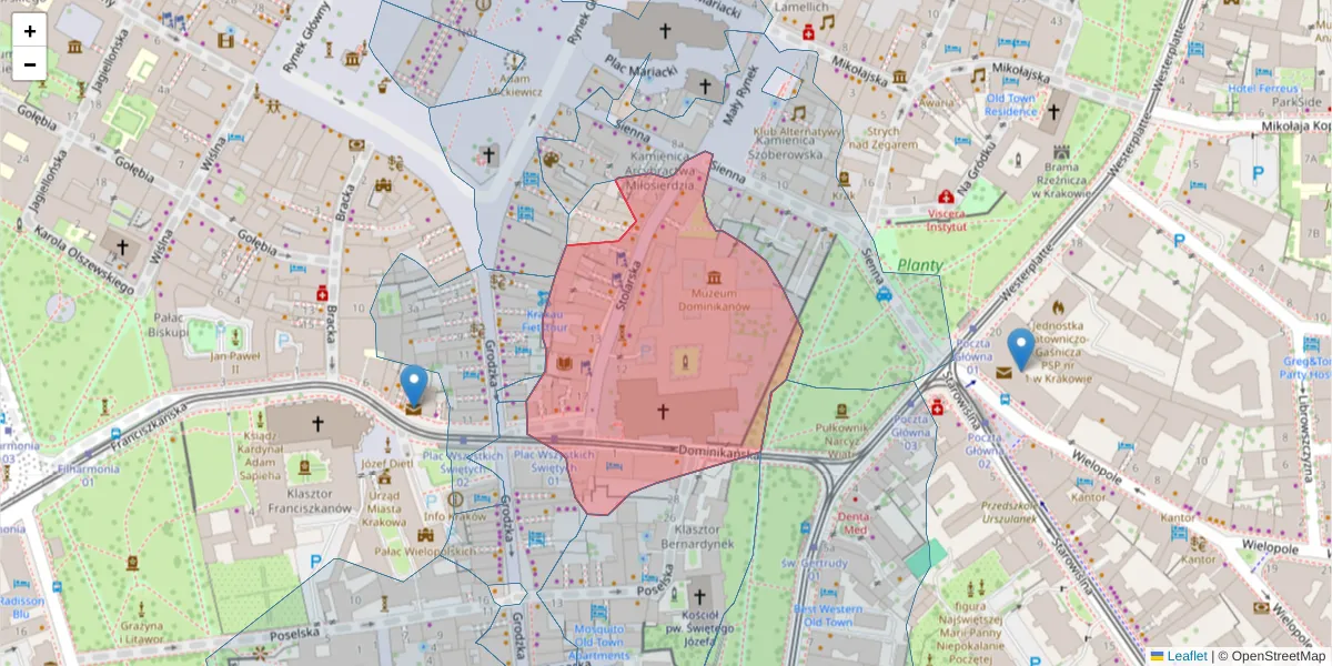 Szczegółowa mapa kodu pocztowego 31-043 z granicami, sąsiednimi kodami pocztowymi i urzędami pocztowymi