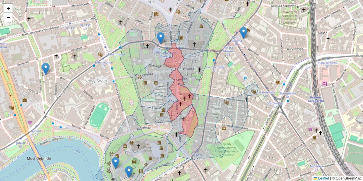 Szczegółowa mapa kodu pocztowego 31-044 z granicami, sąsiednimi kodami pocztowymi i urzędami pocztowymi