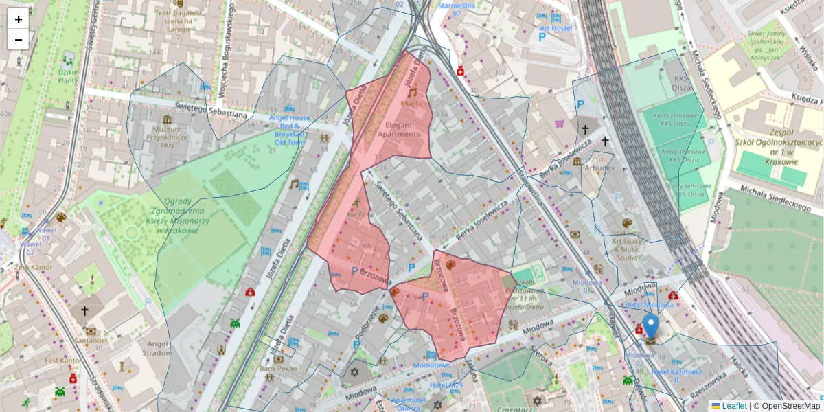 Szczegółowa mapa kodu pocztowego 31-050 z granicami, sąsiednimi kodami pocztowymi i urzędami pocztowymi