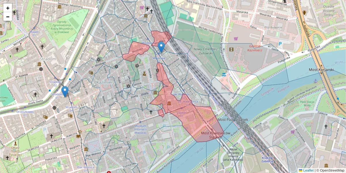 Szczegółowa mapa kodu pocztowego 31-052 z granicami, sąsiednimi kodami pocztowymi i urzędami pocztowymi