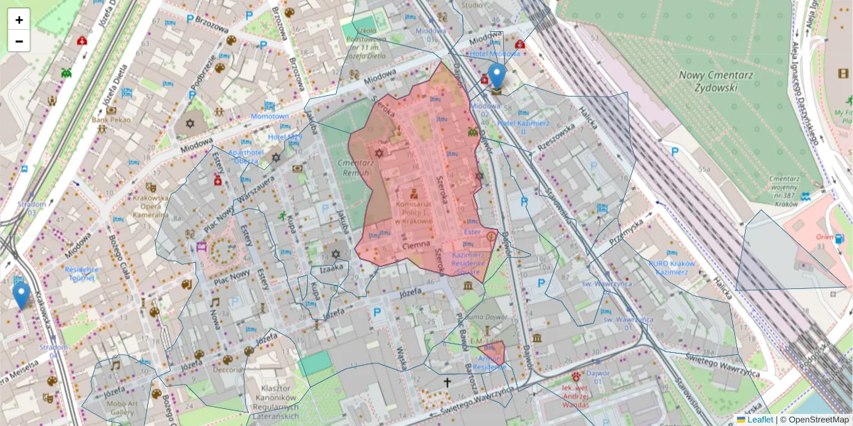 Szczegółowa mapa kodu pocztowego 31-053 z granicami, sąsiednimi kodami pocztowymi i urzędami pocztowymi