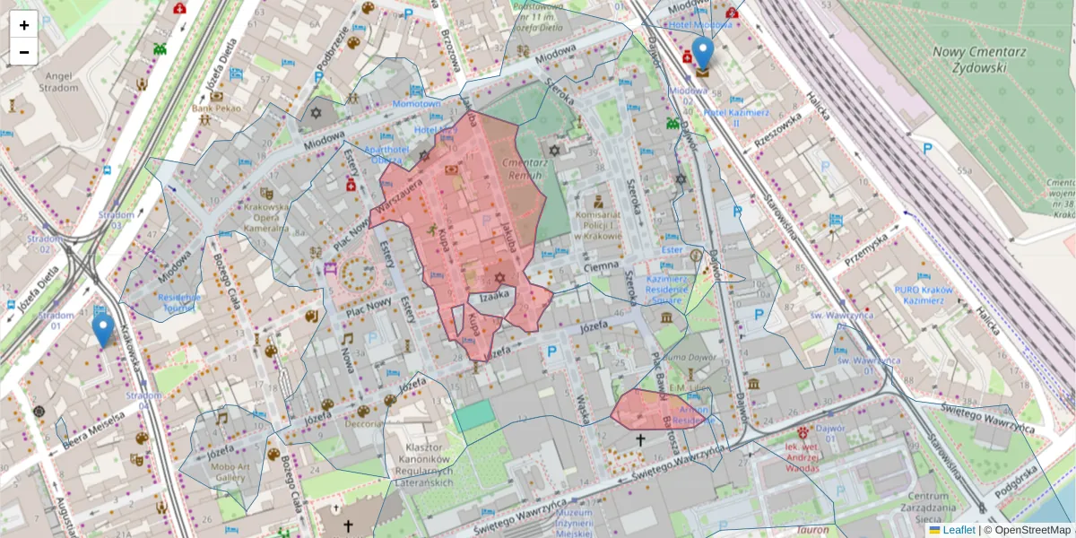 Szczegółowa mapa kodu pocztowego 31-057 z granicami, sąsiednimi kodami pocztowymi i urzędami pocztowymi