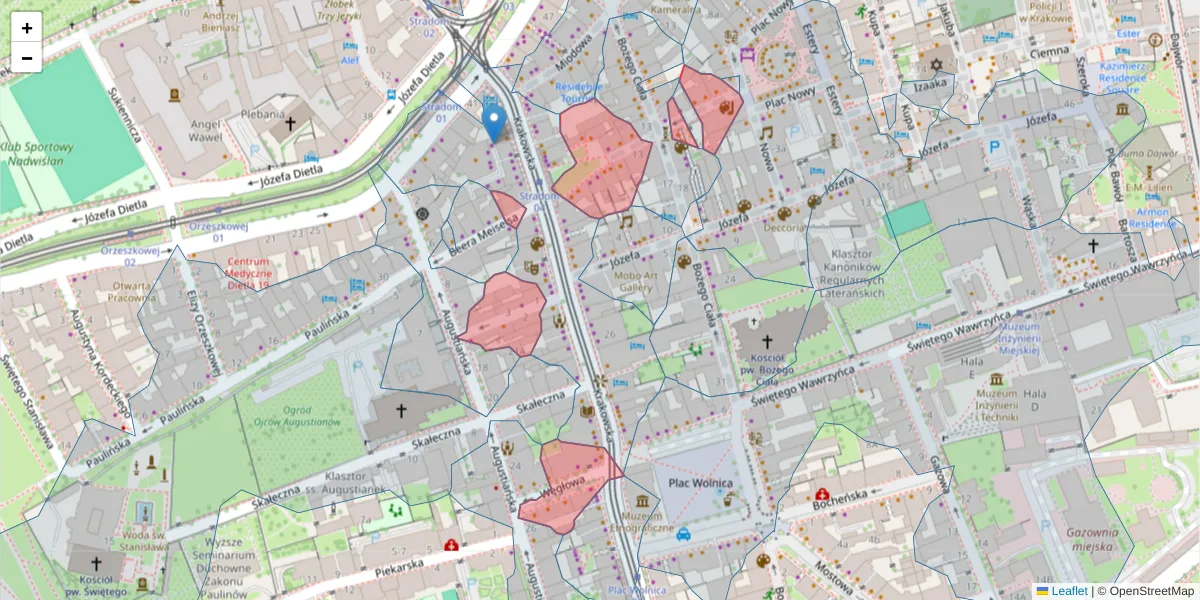 Szczegółowa mapa kodu pocztowego 31-063 z granicami, sąsiednimi kodami pocztowymi i urzędami pocztowymi