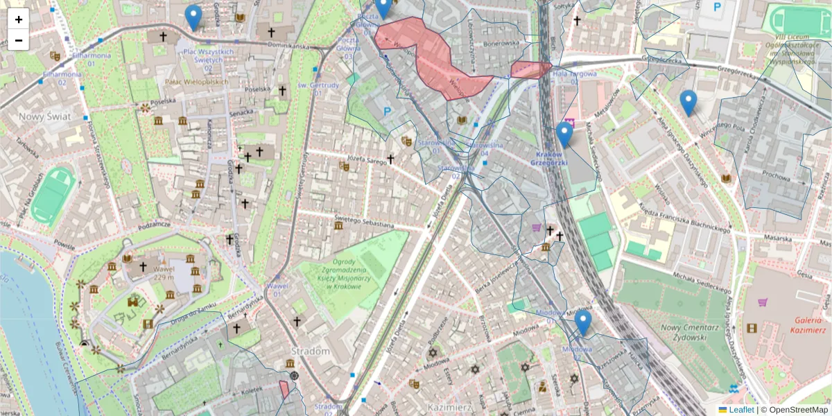 Szczegółowa mapa kodu pocztowego 31-072 z granicami, sąsiednimi kodami pocztowymi i urzędami pocztowymi