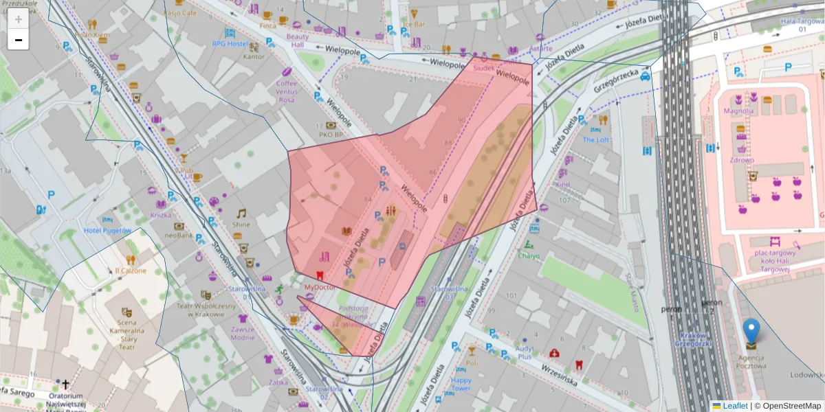 Szczegółowa mapa kodu pocztowego 31-073 z granicami, sąsiednimi kodami pocztowymi i urzędami pocztowymi