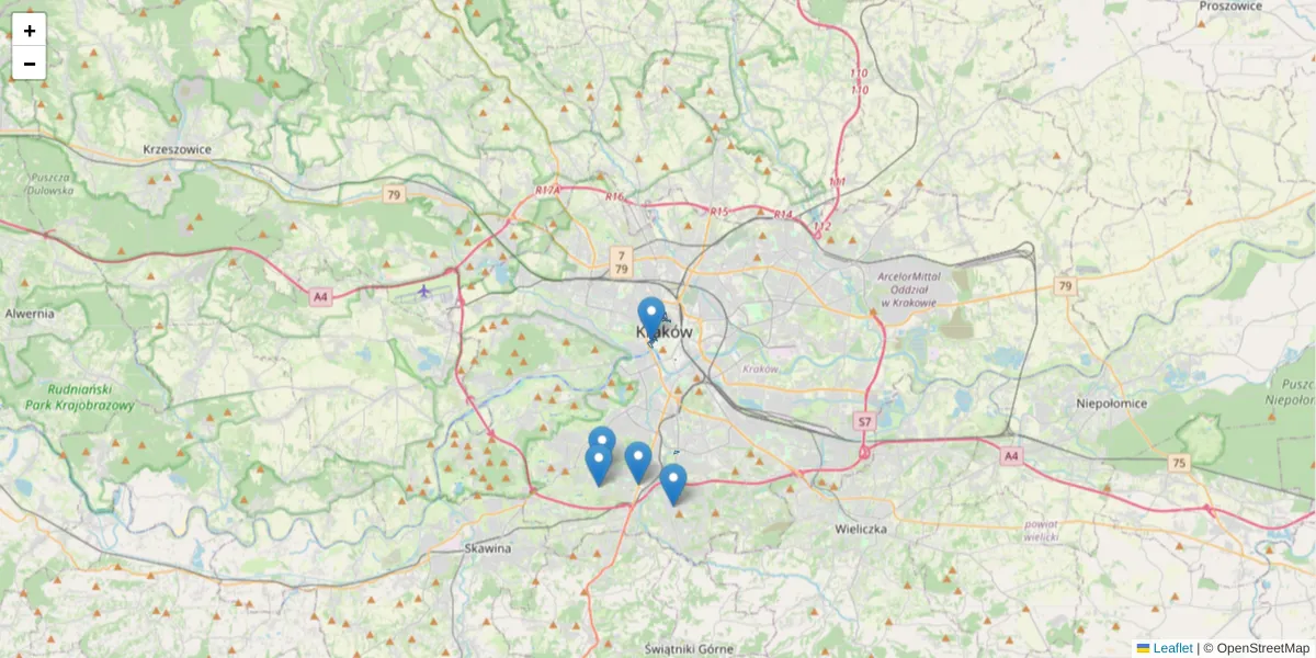 Szczegółowa mapa kodu pocztowego 31-100 z granicami, sąsiednimi kodami pocztowymi i urzędami pocztowymi