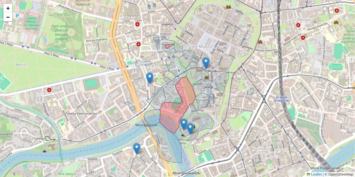 Szczegółowa mapa kodu pocztowego 31-101 z granicami, sąsiednimi kodami pocztowymi i urzędami pocztowymi